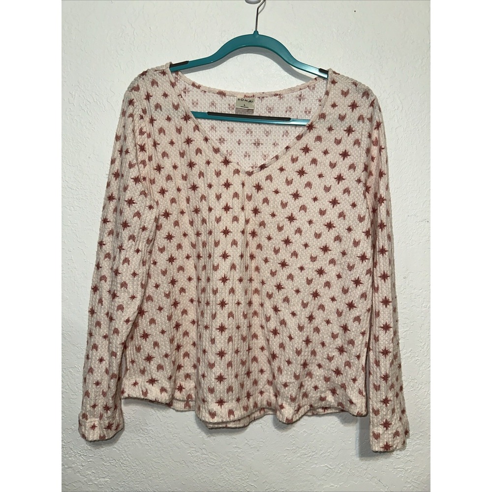 Soma Intimates Womens Large Waffle Knit Star Print V-Neck Pajama Top Cream Red